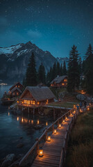 Fototapeta premium Serene lakeside village at night with starry sky