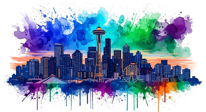 Seattle skyline watercolor splash art with Space Needle and Ferris