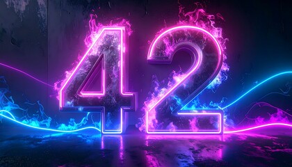 Neon fire number 42 on dark background