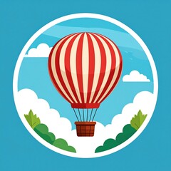 Obraz premium Red and white striped hot air balloon floats serenely amidst fluffy clouds and green foliage.