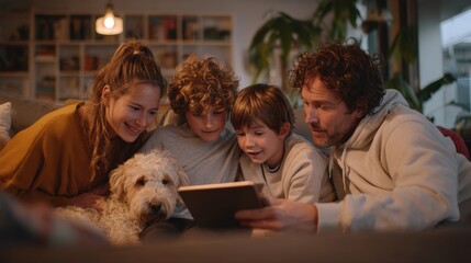 A family of four enjoys time together at home. A woman with brown hair, two boys with curly hair, and a man with curly hair look at a tablet. A white dog sits nearby.