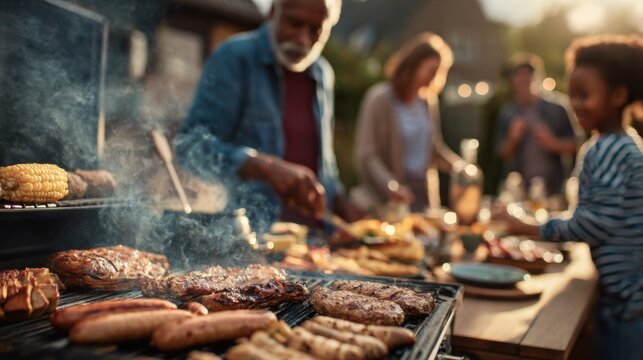 A diverse group of people enjoying a barbecue outdoors. An elderly African man grills meat while a young boy watches. Friends gather around a table with food.