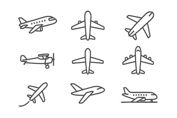 Airplane line icon set. Simple travel & transport symbols. Aviation pictograms for web & graphic design. Vector collection of flying jets, takeoff, & landing outline signs.