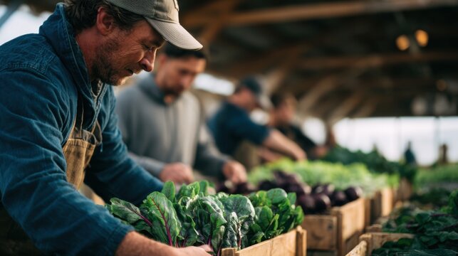 A group of men sorting fresh vegetables in wooden crates. They are working in a greenhouse environment, focusing on their tasks.