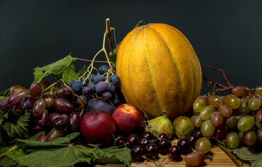Autumn Harvest Abundance Still Life with Grapes and Melon