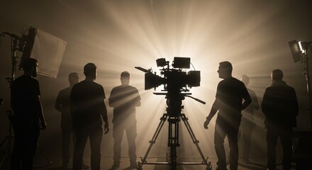 Silhouette of a professional film crew and camera on a movie set with dramatic backlighting