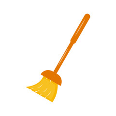 Realistic Vector Broom Icon with Orange Handle and Yellow Bristles