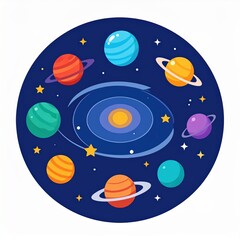 Colorful cartoon planets orbiting a central star in a stylized galaxy.