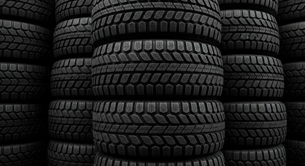 Stacked Winter Tires in Dark Industrial Warehouse
