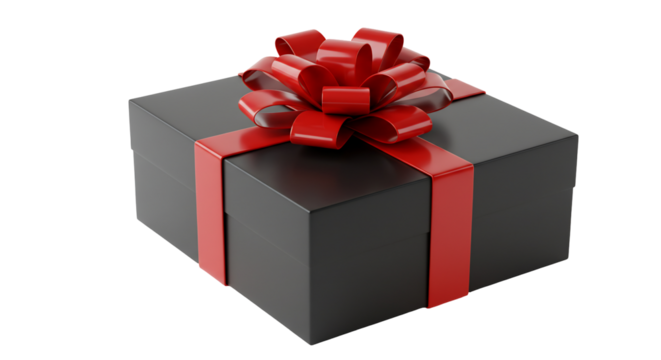 Black gift box with red ribbon bow holiday present image