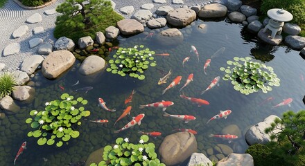 Zen garden pond with vibrant Koi fish and lily pads featuring stone