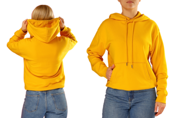 Young woman models a vibrant yellow hoodie style, isolated on white, PNG