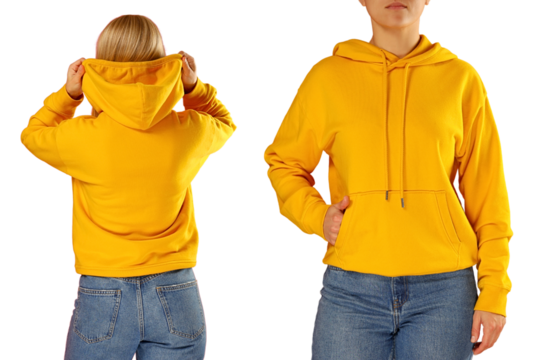 Young woman models a vibrant yellow hoodie style, isolated on white, PNG - Powered by Adobe