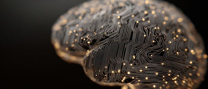 Digital brain with circuit patterns and glowing nodes on dark background
