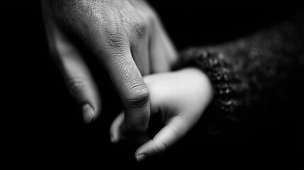 Close-up black and white photo of adult and child hands holding, symbolizing connection, love, and protection.