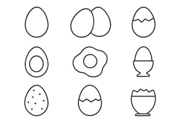 Egg icon set thin line art collection. Fried, boiled, cracked eggs for breakfast food symbol. Simple outline pictogram for web, app, infographic. Easter vector illustration.