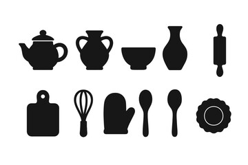 Kitchen tools and pottery silhouette icon set. Vector graphics for cooking and baking culinary design. Minimalist utensil collection with rolling pin, whisk, and ceramics.