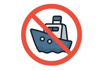No Boats Allowed Sign Vector. Prohibited Ship Entry Icon. Watercraft Ban, Boating Restriction, Harbor Regulation. Nautical Transport Warning Symbol for Maritime Safety, Port Rules, Navigation Control.