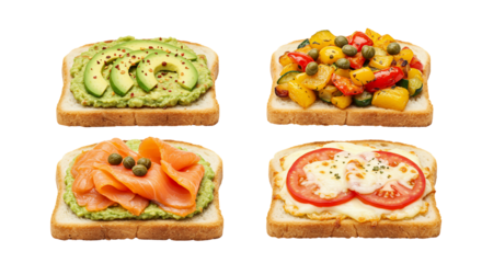 Variety of toasted bread with different toppings avocado smoked salmon roasted vegetables and cheese
