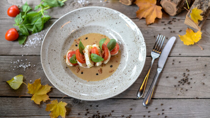 salad with toatti cheese in sauce in a plate on a wooden background with decor