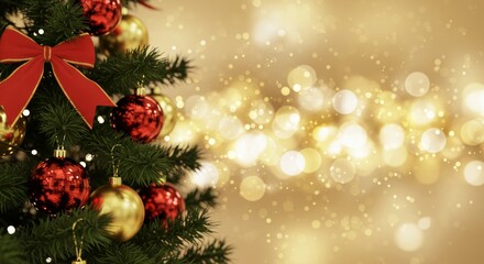 A festive Christmas tree with blurred bokeh lights.