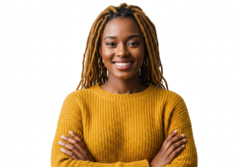Smiling woman with dreadlocks wearing yellow sweater isolated on white isolated on transparent background