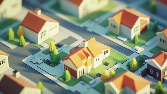 Suburban neighborhood with colorful houses and trees in isometric view