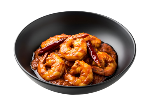 A dish of cooked shrimp with a vibrant, spicy sauce in a dark bowl, showcasing the rich colors and appetizing presentation.