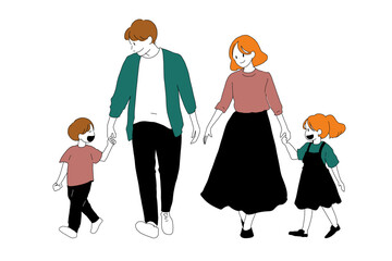 Vector illustration of a happy family of four walking together, parents holding hands with their children, simple hand drawn flat design on white background