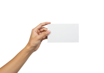 Hand holding blank white card simple clean design transparent background mockup template