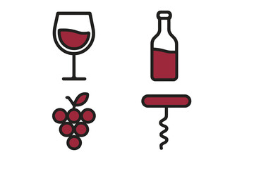 Minimalistic Wine Symbols Set with Glass, Bottle, Grapes, and Corkscrew, Vector Cartoon Illustration for Web Design, Apps, Banners, Social Media, Cards, Transparent Background