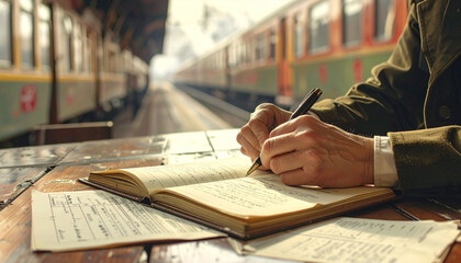 Person writing in journal at train station with vintage aesthetic and classic design, travel theme