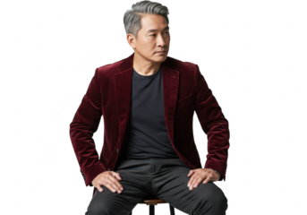 Man in velvet blazer and dark shirt sitting isolated on white isolated on transparent background