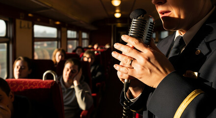 Train conductor speaking into microphone, sharing information with passengers during journey