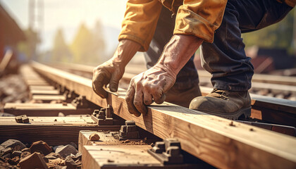 Construction worker meticulously laying railway tracks, showcasing detail and precision in daylight
