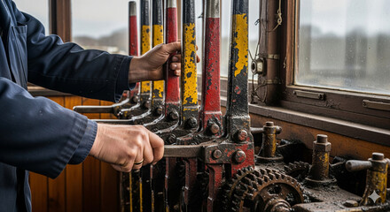 Train operator's hands expertly pulling levers in vintage railway signal box, ready for action