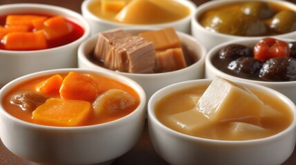 Assortment of fruit and vegetable preserves in small white bowls close up.