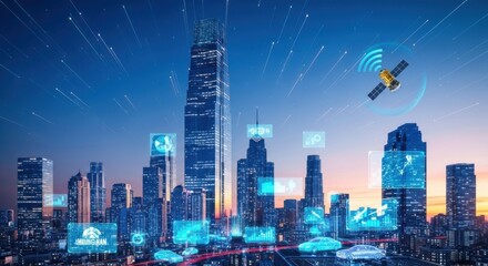 Fototapeta premium Futuristic City Skyline with Digital Technology and Satellite Communication Elements