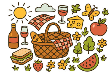 Picnic essentials doodle art with food and nature elements, playful vector cartoon illustration, picnic basket, sandwich, cheese, wine, fruits, flowers, and sun, transparent background