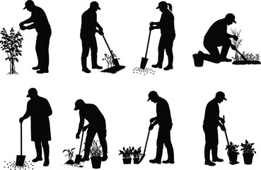 Obraz premium Gardening silhouettes, planting poses, watering plants, digging soil, garden tools, plant care, cultivation, horticulture, outdoor work, agriculture, farming, flat vector illustration