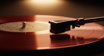 Nostalgic sounds of music with a stylus on a spinning red vinyl album
