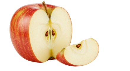 Red apple slices juicy fruit half and quarter transparent background