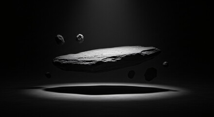Abstract scene with a levitating stone platform illuminated by a spotlight in a dark void