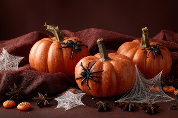 Three small orange pumpkins adorned with black spiders and cobwebs create a spooky Halloween scene on a rich burgundy cloth.