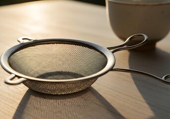 Metal tea strainer with cup, traditional drink preparation accessory.