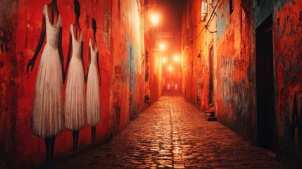Dreamlike Italian alley with ballerinas trapped in meme posters