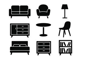 Set of Modern Furniture Icons in Black Silhouette Style for Home Decor and Interior Design, Vector Cartoon Illustration with Transparent Background, Stylish Living Room and Bedroom Essentials