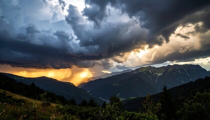 Dramatic sunset storm over alpine valley