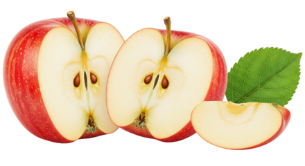 Red apple halves and slice with leaf healthy fruit food image transparent background