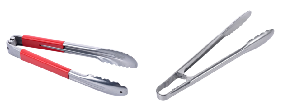 Two Metallic Tongs Displayed on a Transparent Backdrop Featuring a Silver Steel Construction With Red Handles Providing a Contrast in a Detailed Product Shot
